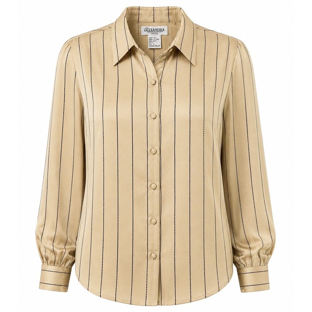 Vintage 100% Silk Blouse Petite 8 Champagne Black Pinstripe Quiet Luxury 90s